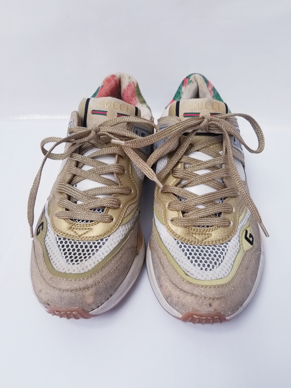 Gucci Metallic Gold and White Lace-Up Sneakers with Floral Lining
